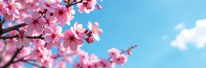 Naklejka premium Pink cherry blossoms against a clear blue sky, trees, branch