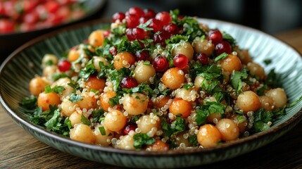 Vibrant Quinoa and Chickpea Salad with Fresh Herbs in a Rustic Setting