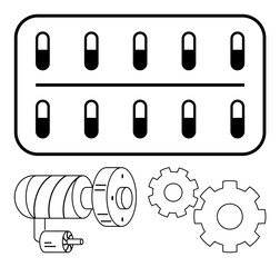 Pill blister pack with capsules next to industrial gears and motor. Ideal for healthcare, pharmaceuticals, engineering, machinery, manufacturing, technology, and innovation themes. Line metaphor