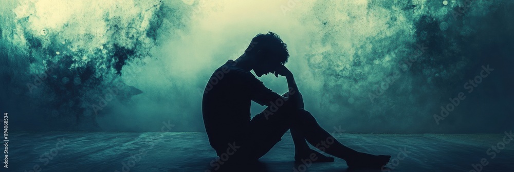 Poster person reflecting in shadow with abstract elements portraying mental turmoil and emotional struggle.