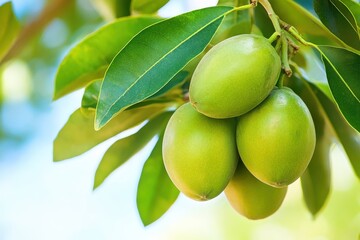 Close-up of fresh green fruits hanging from a tree with vibrant leaves in a sunny garden, showcasing the beauty of nature and agricultural growth