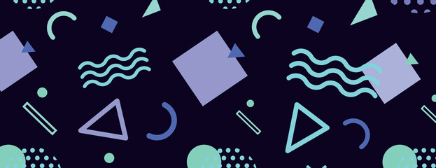 Retro geometric background with a dark purple background. Features light purple and teal shapes, creating a playful, abstract texture. Fun memphis pattern background. Black background vector.