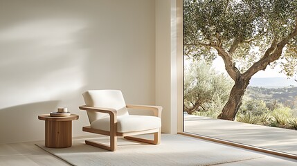 Fototapeta premium Modern lounge chair in serene minimalist interior with scenic view of nature