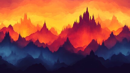 A digital painting depicting a fiery sunset casting warm colors over a majestic fantasy mountain range with castle-like structures.