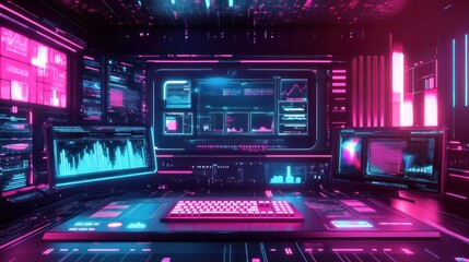 Obraz premium Neon-lit control room; data analysis, futuristic tech background