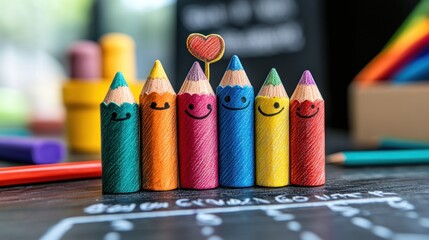 Vibrant Smiley Face Pencils in a Cheerful Classroom Environment