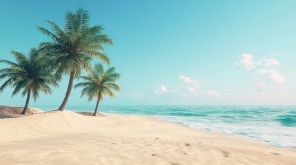 Fototapeta premium Tropical beach with palm trees, sand, and ocean views.