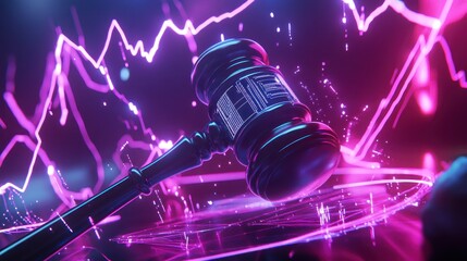 Gavel striking digital platform, neon background, online auction