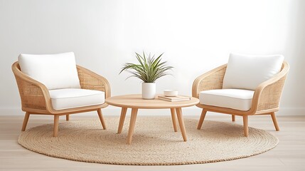 Fototapeta premium Bright and cozy living room design featuring rattan chairs for an inviting atmosphere