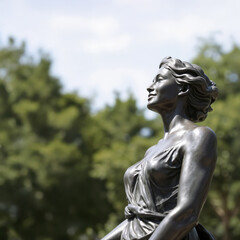 A bronze statue of a woman gazes upward with a serene expression.