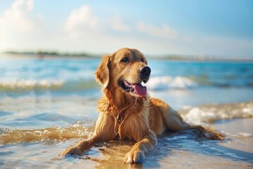 Golden retriever is playing in the water on the sandy beach in the summer. It is in the sea, beautiful sunny day. They have a nice time. They are happy and the best friends of his master.