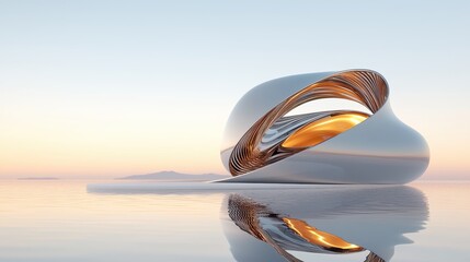 Abstract architectural sculpture on calm water reflecting golden sunrise hues