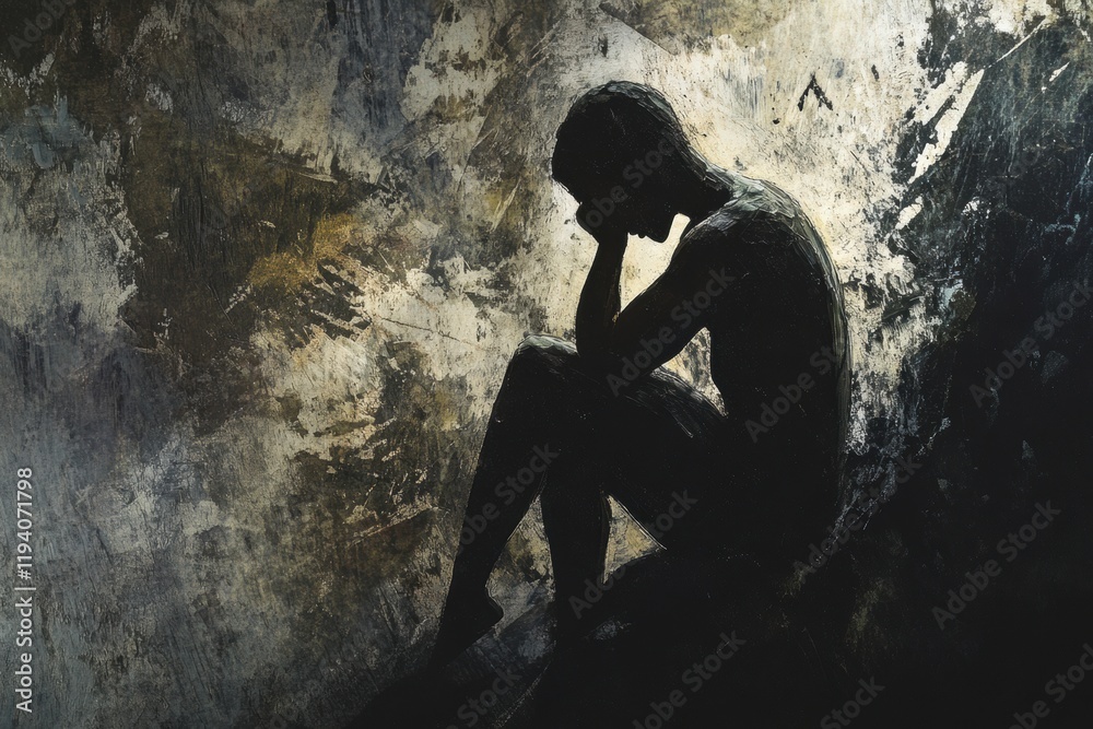 Aufkleber Person sitting in shadow reflecting inner turmoil with abstract background elements depicting mental struggle. Generative AI