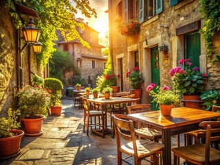 Tuscan Village Cafe: Cozy Outdoor Seating, Wooden Tables, Italian Countryside Charm