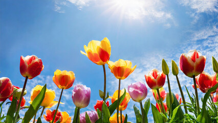 Fototapeta premium Colorful tulips with blue sky and sun in the background.