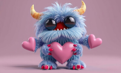 Fototapeta premium cute blue monster with horns and big eyes holds pink heart, exuding playful and loving vibe. Perfect for Valentine Day themes