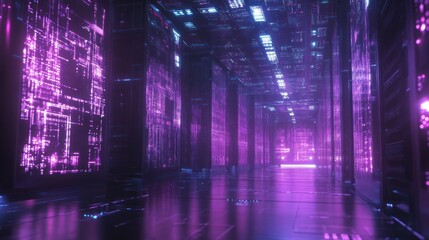 Fototapeta premium Cyberpunk Digital Corridor: Neon Glow in a Futuristic Server Room