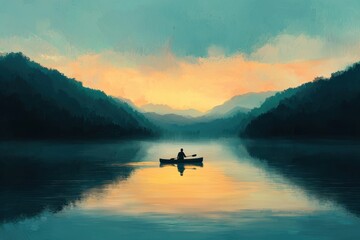 Fototapeta premium Serene Sunset Reflection Over Calm Lake with Kayak in Mountains