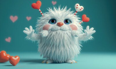 Fototapeta premium fluffy monster with hearts, expressing joy and love, perfect for Valentine Day. Its cute features and vibrant colors create cheerful atmosphere
