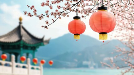 Obraz premium Chinese lanterns hanging from cherry blossom branches in serene landscape backdrop with traditional architecture
