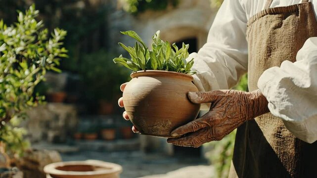 Gardener holding terracotta pot with fresh herbs in a serene outdoor setting during daylight hours
