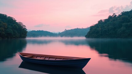 Serene Sunrise Over Calm Lake with Solo Boat Floating Peacefully