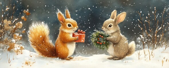 Squirrel and Rabbit Holiday Joyful Illustrations with Wreath and Gift in Snowy Night Sky