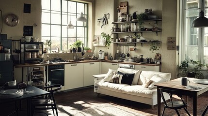 A compact yet functional kitchen living room with smart storage solutions and a foldable sofa.