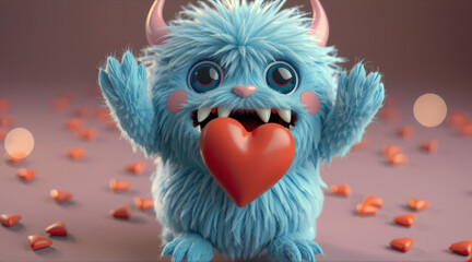 Fototapeta premium Cute blue monster holding heart surrounded by smaller hearts, perfect for Valentine Day. This adorable character brings joy and love to any celebration