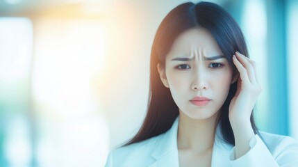 Obraz premium businesswoman stress motivation concept. Concerned woman in a suit shows signs of stress or worry in a bright environment.