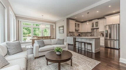 A contemporary kitchen-living room combo featuring white cabinets, a sofa, and a dining table.