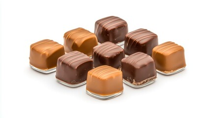 Assorted chocolate confections arranged neatly on a white background for dessert promotion