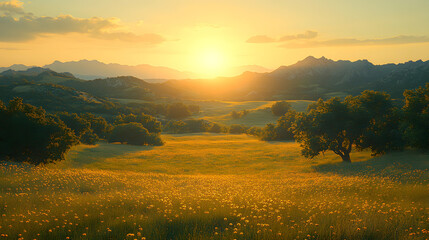 Naklejka premium A beautiful sunset over a mountain range with a field of tall grass. The sky is a mix of orange and blue hues, creating a serene and peaceful atmosphere. The sun is setting behind the mountains