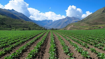 Serene Andean Farmland: Rows of Crops Against Majestic Mountains