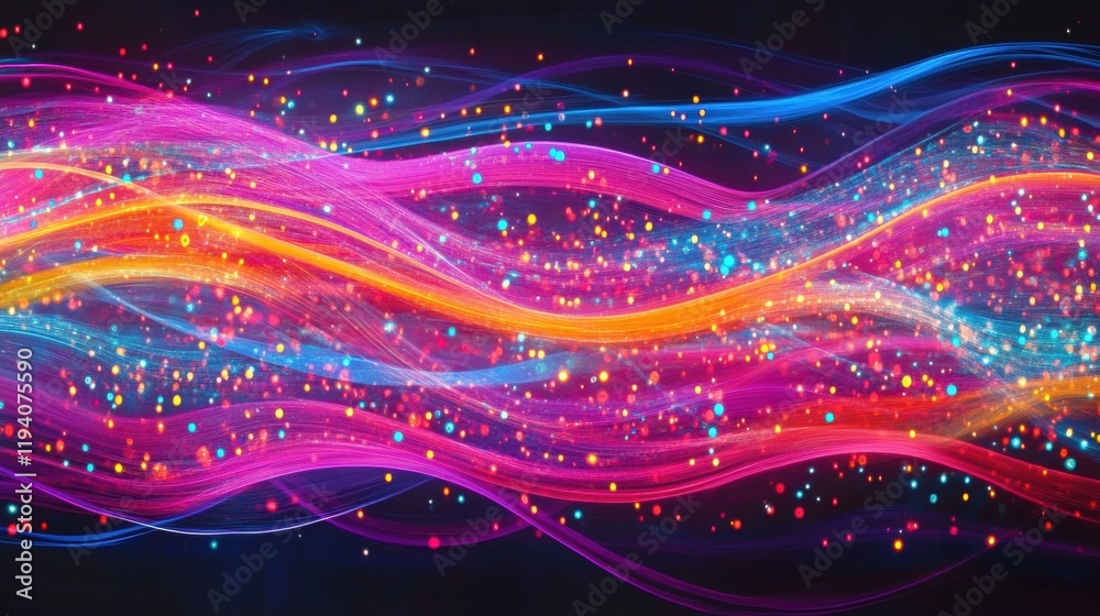 Poster Vibrant energy lines and colorful dots illustrate active communication and dynamic data exchange flow in technology. Generative AI
