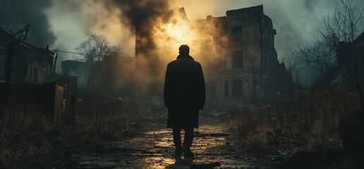 Man in coat stands in a war-torn city amidst smoke and ruins at sunset.