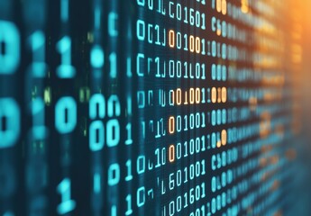 Obraz premium Abstract Binary Code Matrix with Blue and Orange Digital Elements