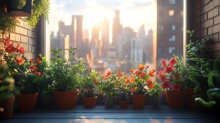 Fototapeta premium A stylish urban oasis on a balcony with lush greenery in modern pots, colorful flowers, and a view of a bustling city skyline, sunlight casting dynamic shadows, cinematic details, hd quality.