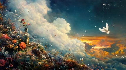 Fototapeta premium Whimsical Landscape: A Dreamlike Garden of Fantasy and Peace