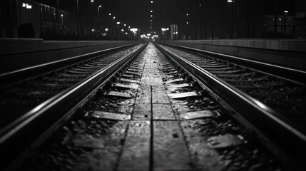 Obraz premium A close-up view of train tracks extending into the distance, illuminated by soft lights.