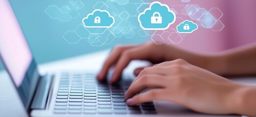 Secure Cloud Computing Concept with Hands on Laptop and Lock Icons