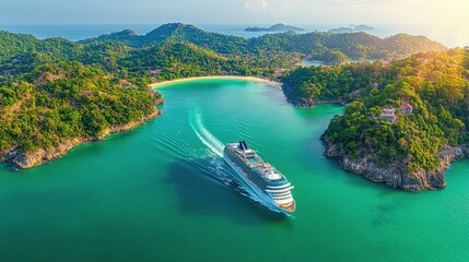 Fototapeta premium Cruise Ship Sailing Through Tropical Island Paradise