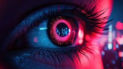 Close-Up of Futuristic Eye with Digital Elements and Neon Glow