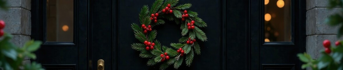 Wreath made of dark evergreen branches and red berries on a black front door, christmas, holiday decor, cozy