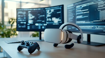 Modern workspace with VR headset, game controller, and computer screens showcasing coding and digital innovation.