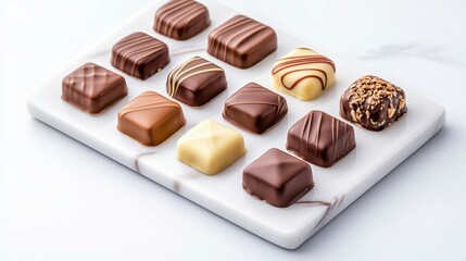 Assorted gourmet chocolates displayed on a marble platter, showcasing rich textures and flavors