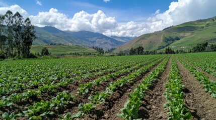 Serene Andean Agricultural Landscape: Rows of Crops Against Majestic Mountains