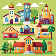  Isolated and colored building school churches set with different types and purposes for buildings