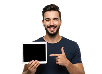 Portrait of handsome smiling man using a tablet computer.