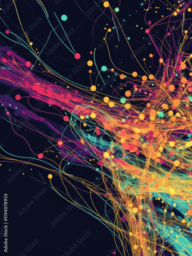 Aufkleber Vibrant energy flows and dots represent active communication and dynamic data exchange in a digital environment. Generative AI